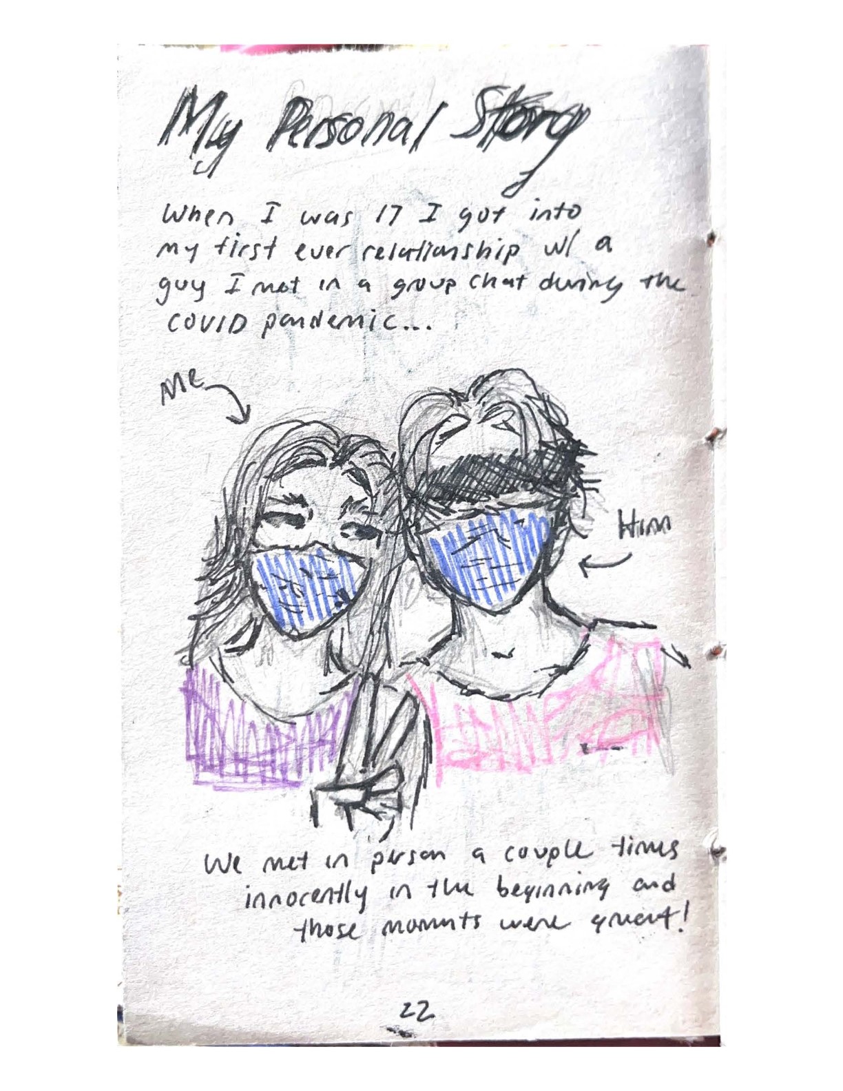 My Personal Story.
    When I was 17 I got into my first ever relationship with a guy I met in a group chat during the COVID pandemic.
    [Drawing of a person with longer hair labeled “Me” and a person with shorter hair and scribbled-out eyes labeled “Him.” Both are wearing face masks.]
    We met in person a couple times innocently in the beginning and these moments were great.
    